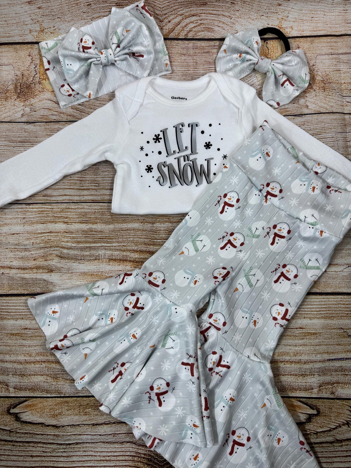 Let It Snow/ Snowman Ribbed Bell Bottoms/ Baby Girl High Waisted Bell Bottoms/ Long Sleeve Bodysuit and Headwrap Set