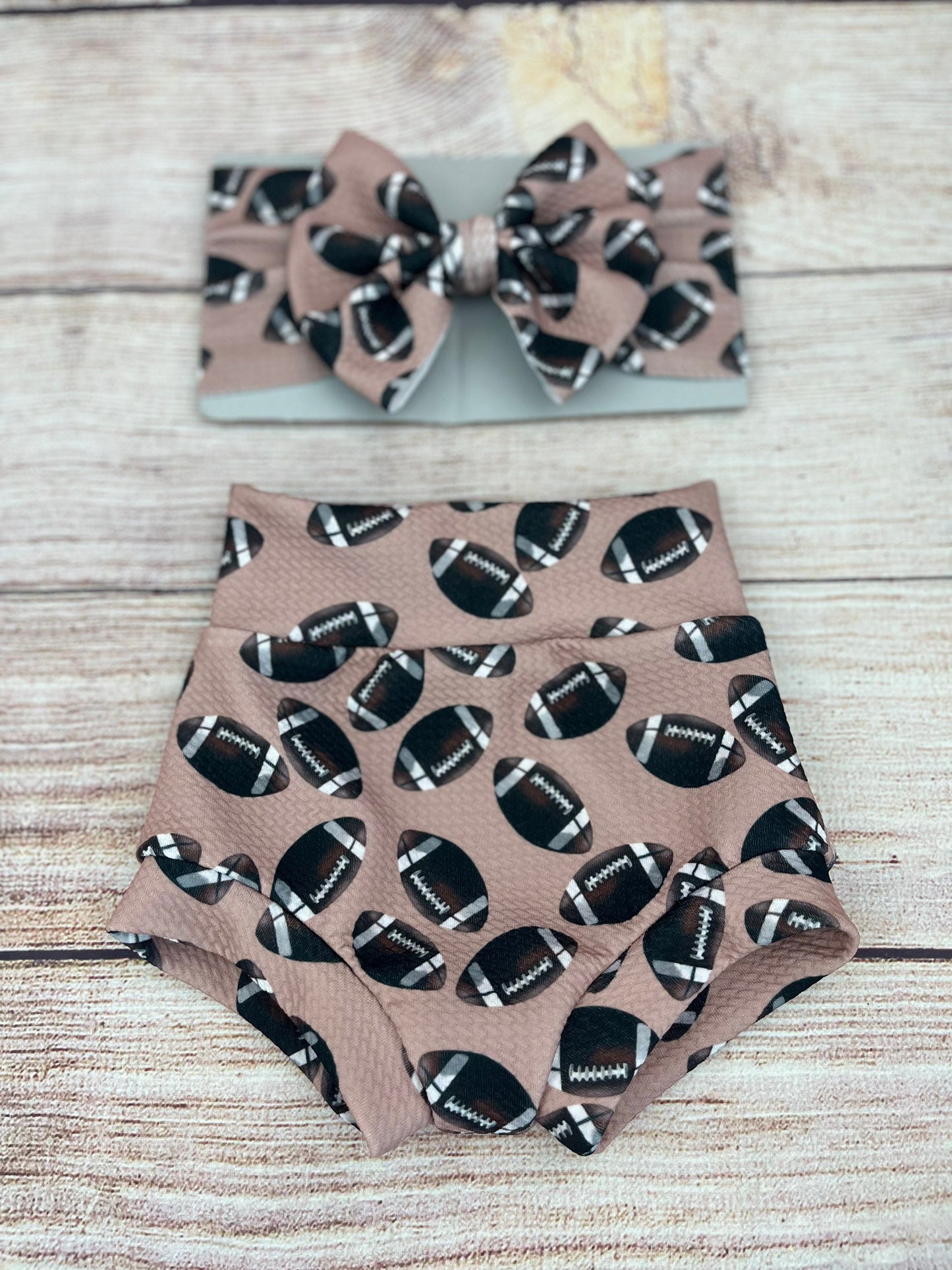 Football High Waisted Bummies/ Baby Girl High Waited Shorts/ Top, Bummies and Bow Headwrap