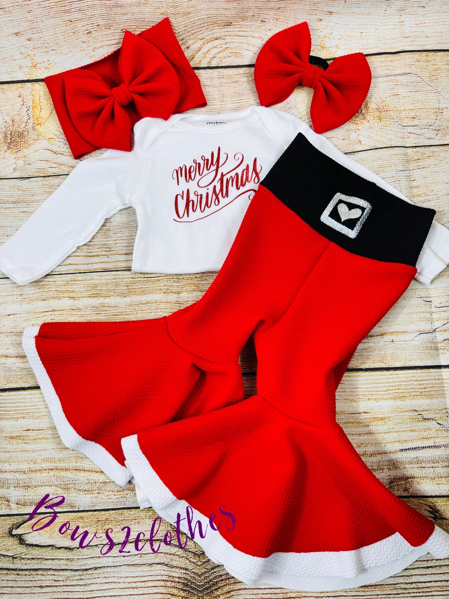 Merry Christmas/ Santa Bell Bottoms/ Santa’s Pants / Baby Girl High Waisted Bell Bottoms/ Long Sleeve Bodysuit and Headwrap Set