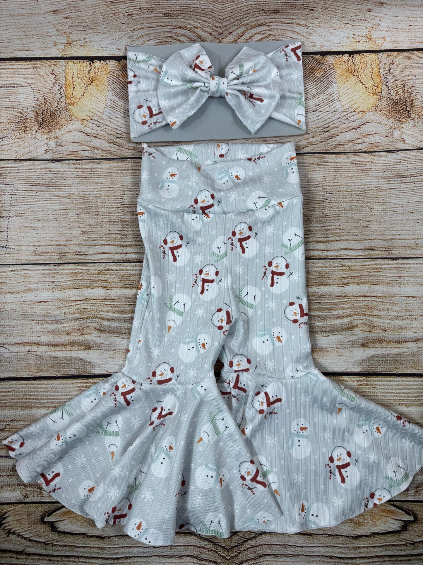 Let It Snow/ Snowman Ribbed Bell Bottoms/ Baby Girl High Waisted Bell Bottoms/ Long Sleeve Bodysuit and Headwrap Set
