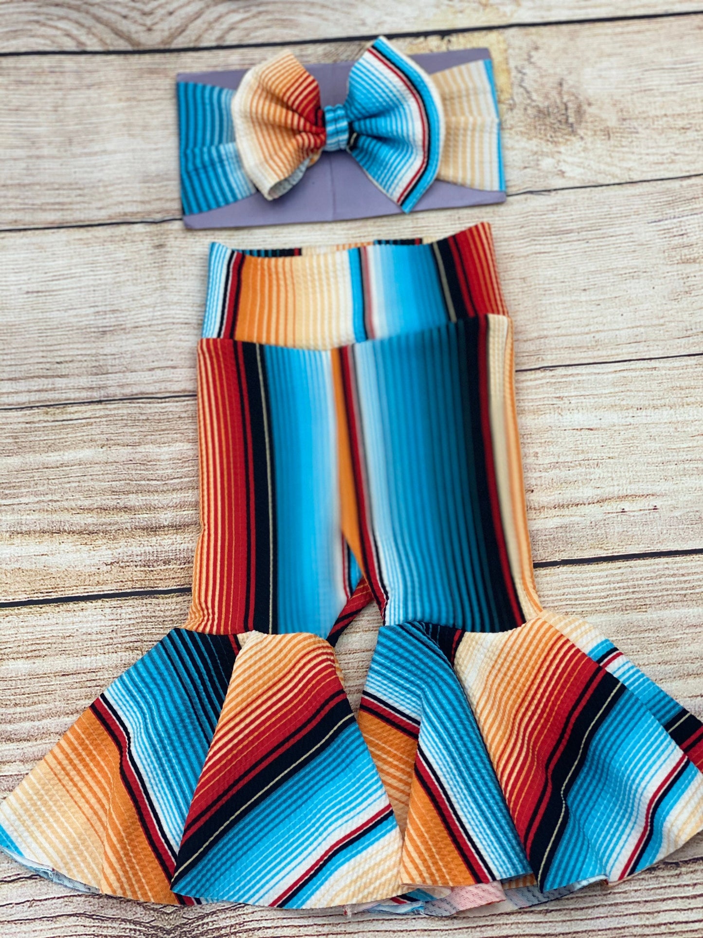Blue/ Orange Serape Baby Girl Bell Bottoms and Bow Set