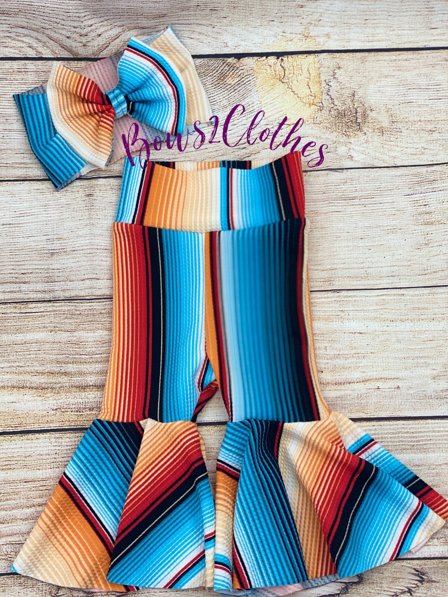 Blue/ Orange Serape Baby Girl Bell Bottoms and Bow Set