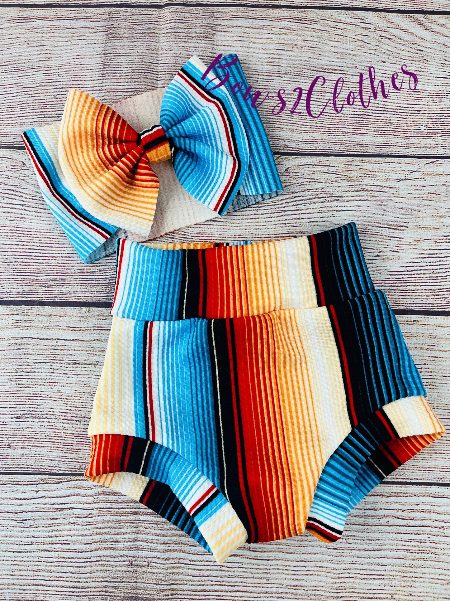 Orange/ Blue Serape Stripe High Waisted Bummies/ Baby Girl High Waisted Shorts/ Bummies and Headwrap Bow Set