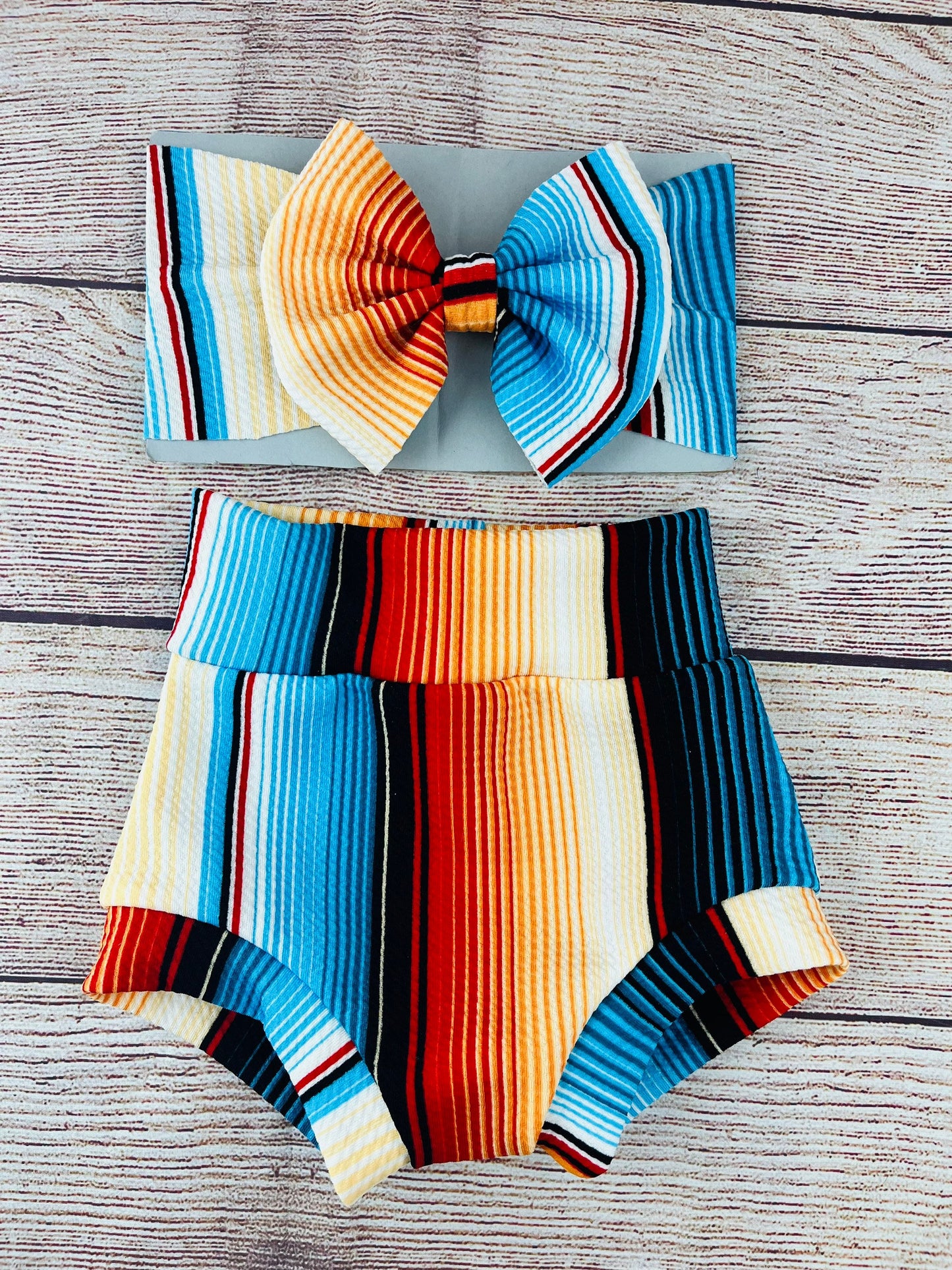 Orange/ Blue Serape Stripe High Waisted Bummies/ Baby Girl High Waisted Shorts/ Bummies and Headwrap Bow Set