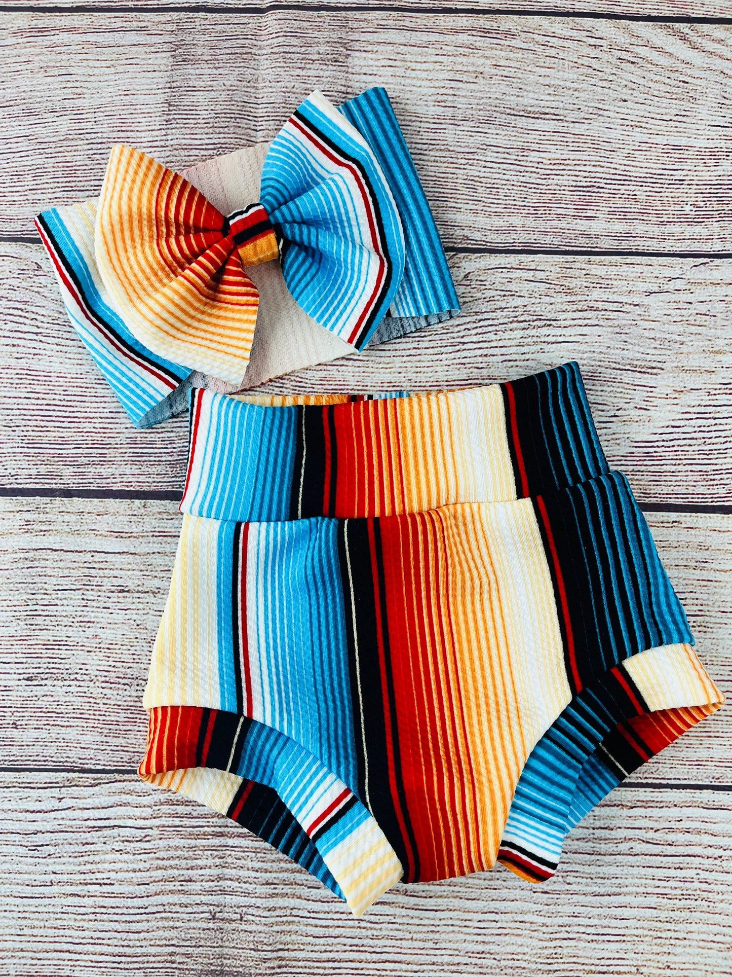 Orange/ Blue Serape Stripe High Waisted Bummies/ Baby Girl High Waisted Shorts/ Bummies and Headwrap Bow Set