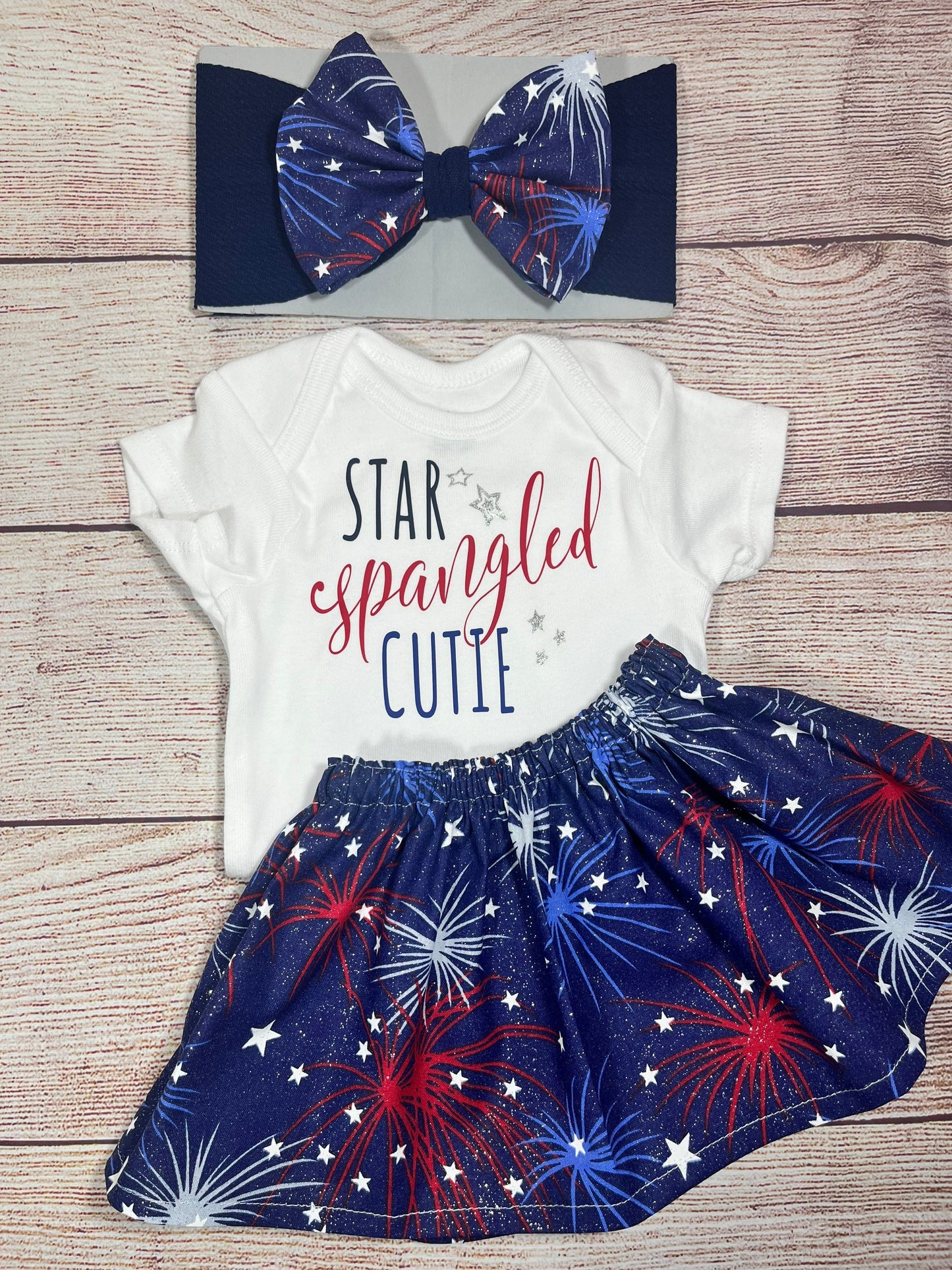 Star Spangled Cutie/ 4th of July Outfit/ Baby Girl Outfit / Top, Skirt and Bow Set