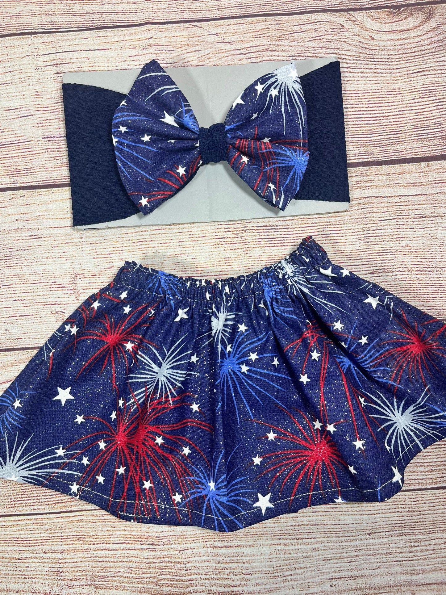 Star Spangled Cutie/ 4th of July Outfit/ Baby Girl Outfit / Top, Skirt and Bow Set