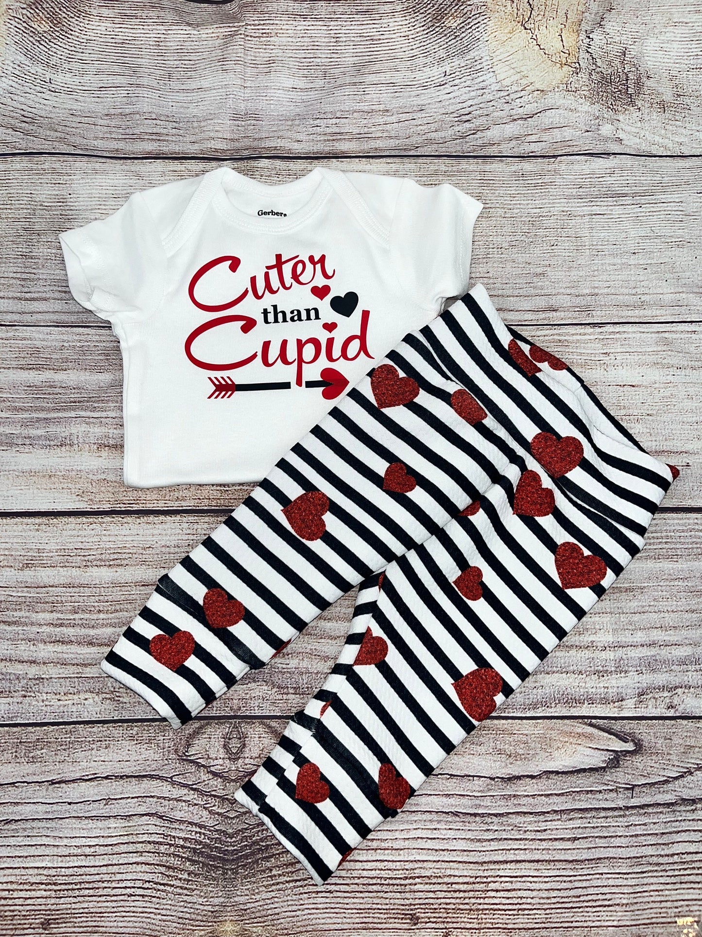 Cuter Than Cupid/ Valentine’s Day/ Stripes and Hearts/ Baby Girl Top, Leggings and Bow set/ Baby tights/ Baby Joggers