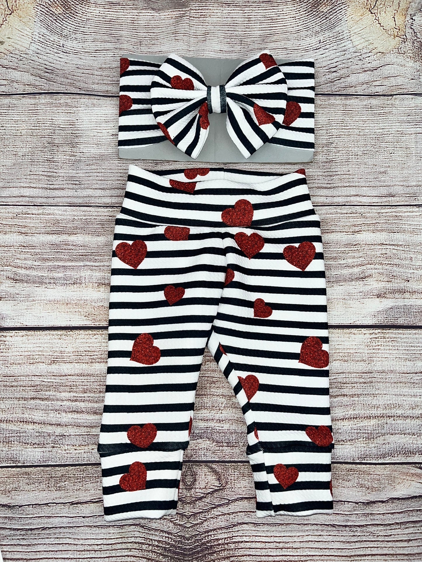 Cuter Than Cupid/ Valentine’s Day/ Stripes and Hearts/ Baby Girl Top, Leggings and Bow set/ Baby tights/ Baby Joggers