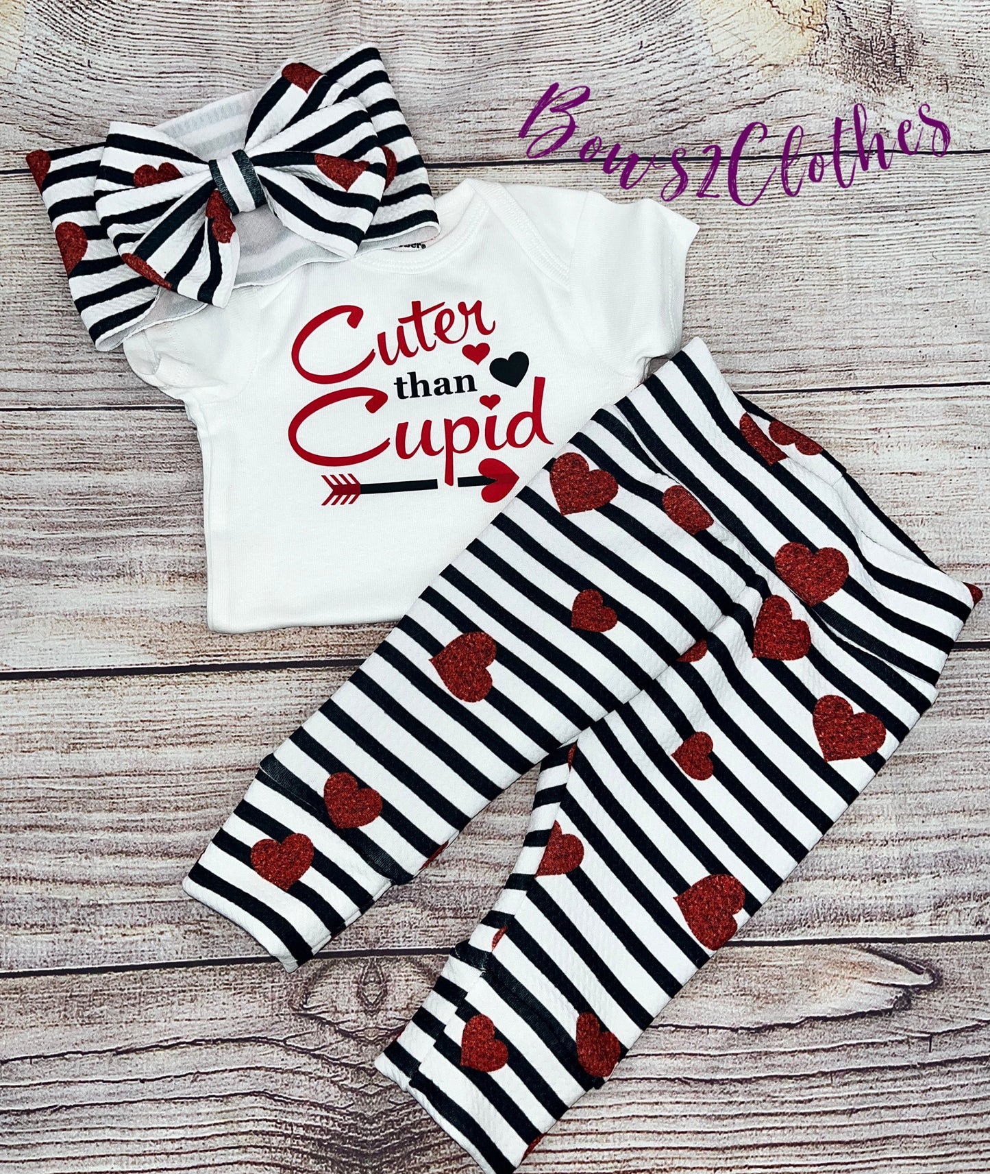 Cuter Than Cupid/ Valentine’s Day/ Stripes and Hearts/ Baby Girl Top, Leggings and Bow set/ Baby tights/ Baby Joggers