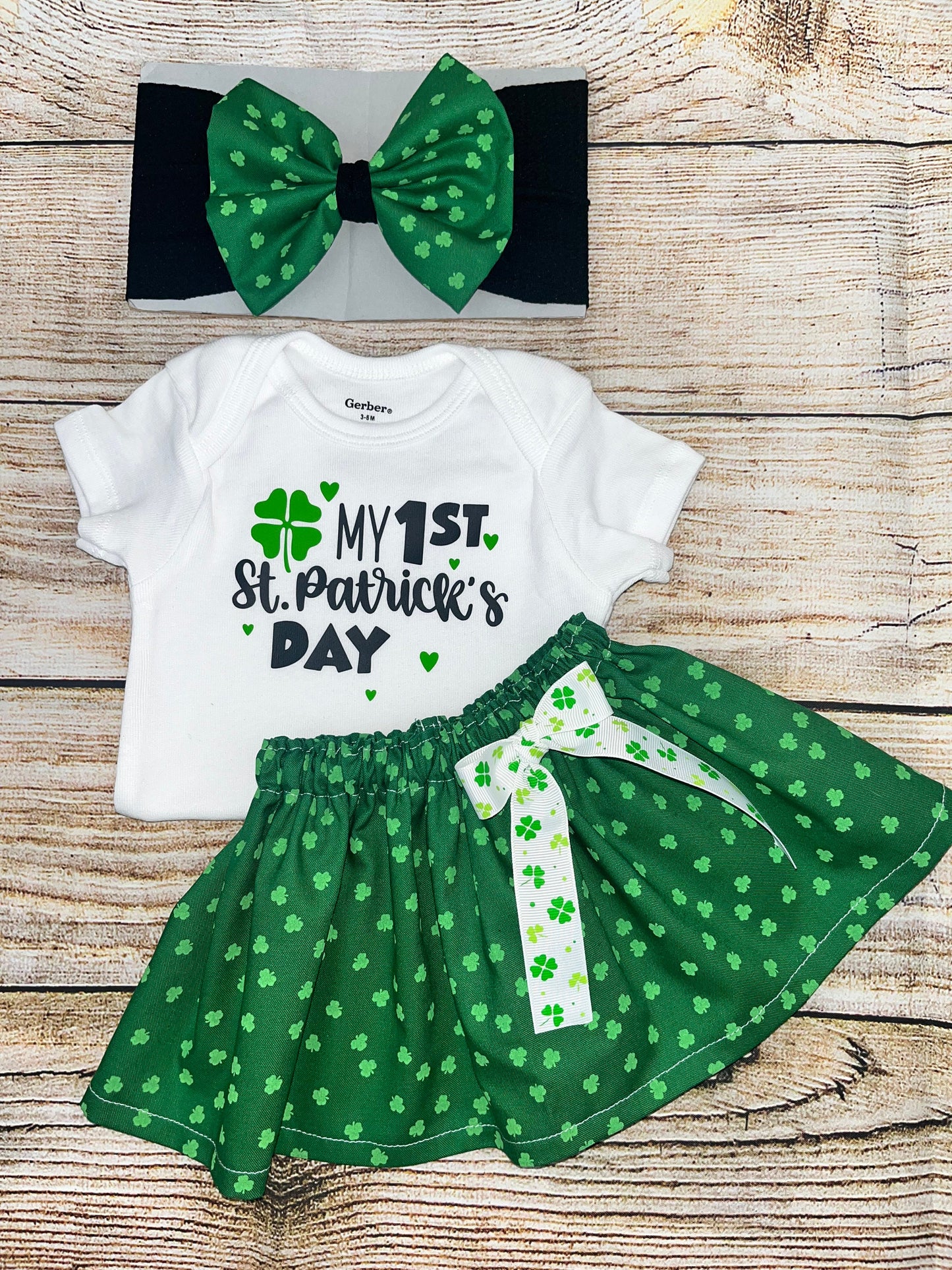 My 1st St. Patrick’s Day Baby Girl Outfit/ Shamrock Skirt/ Top, Skirt and Bow Set