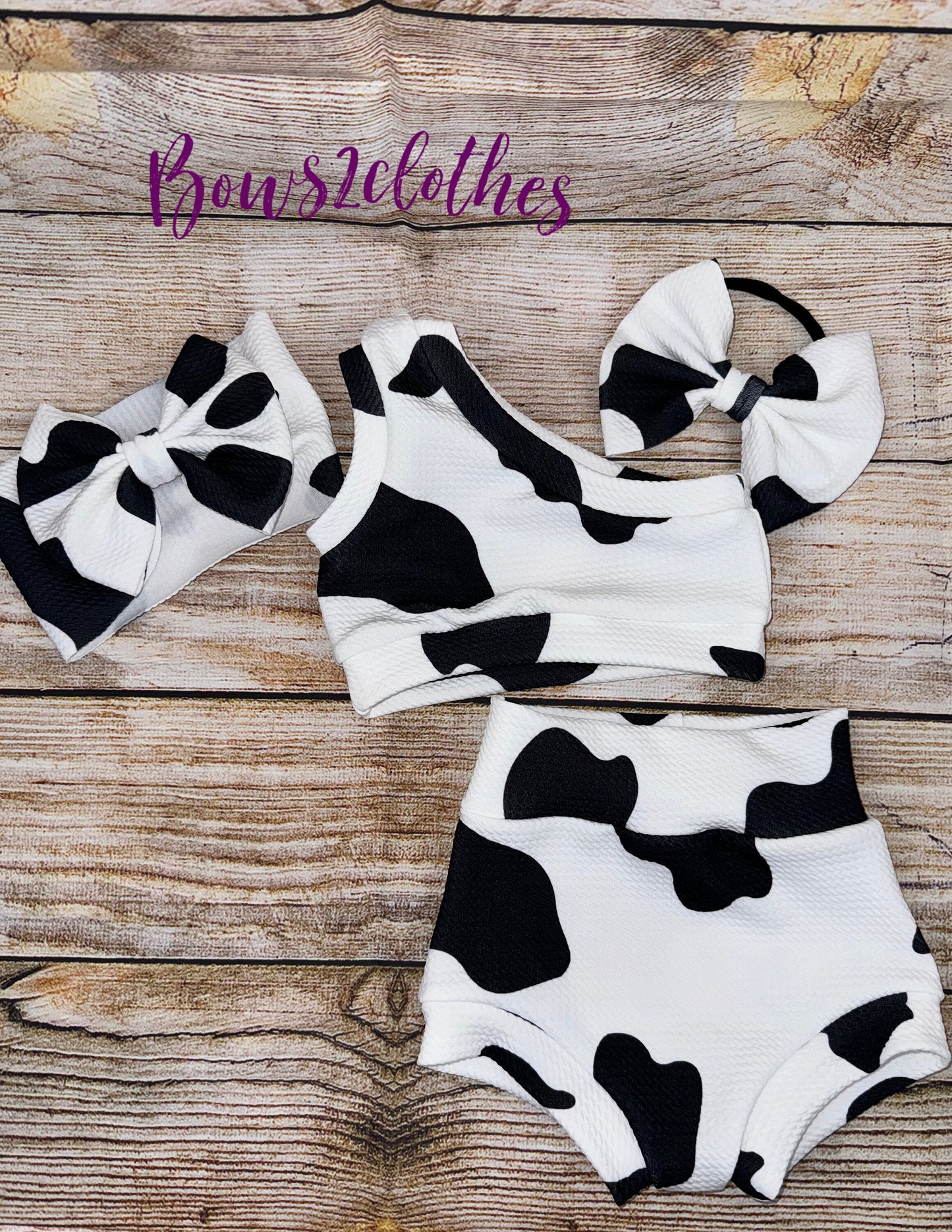Cow Print Baby Girl Outfit/ One Shoulder Crop Top/ Bummie and Headwrap or Bow On Nylon