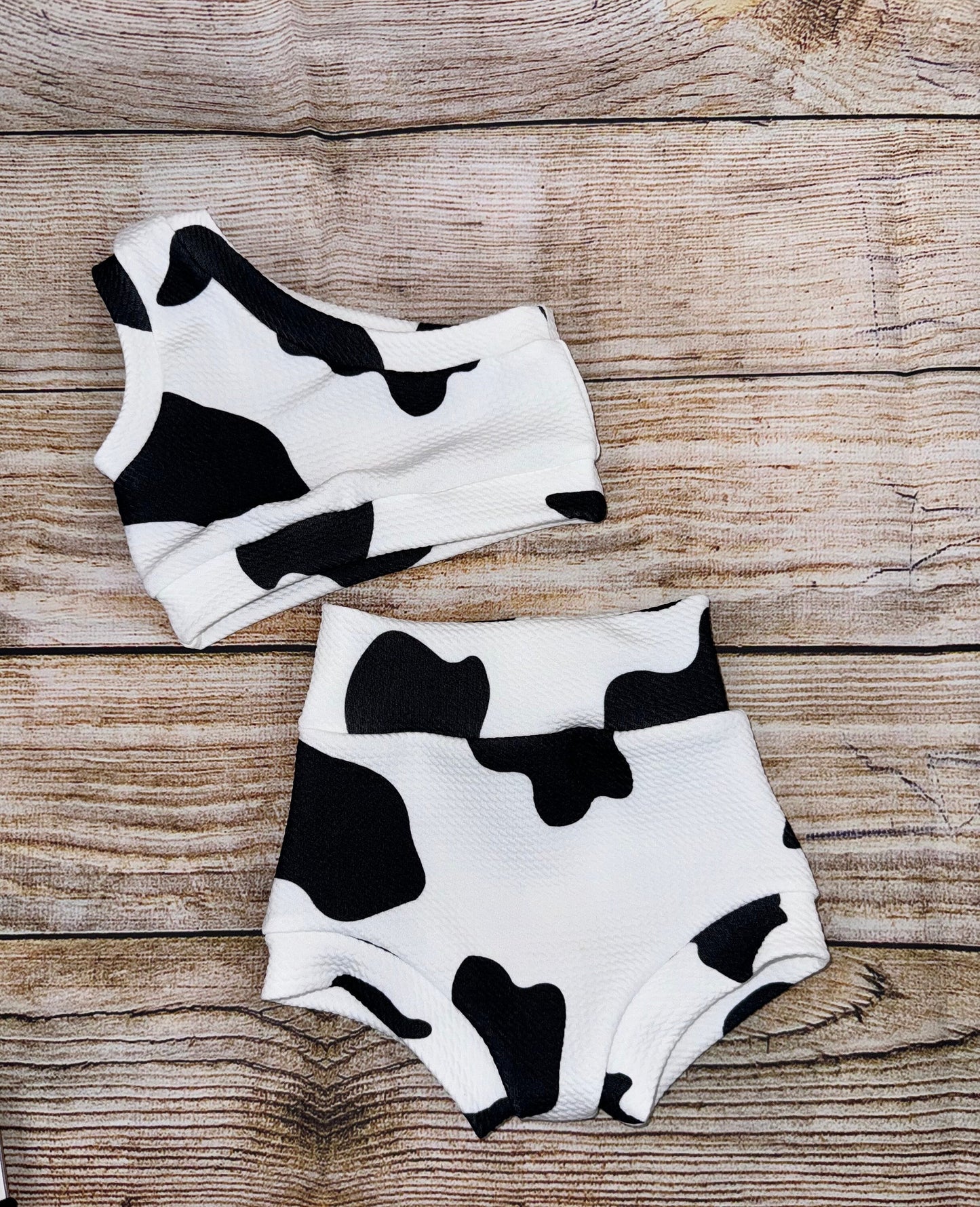 Cow Print Baby Girl Outfit/ One Shoulder Crop Top/ Bummie and Headwrap or Bow On Nylon