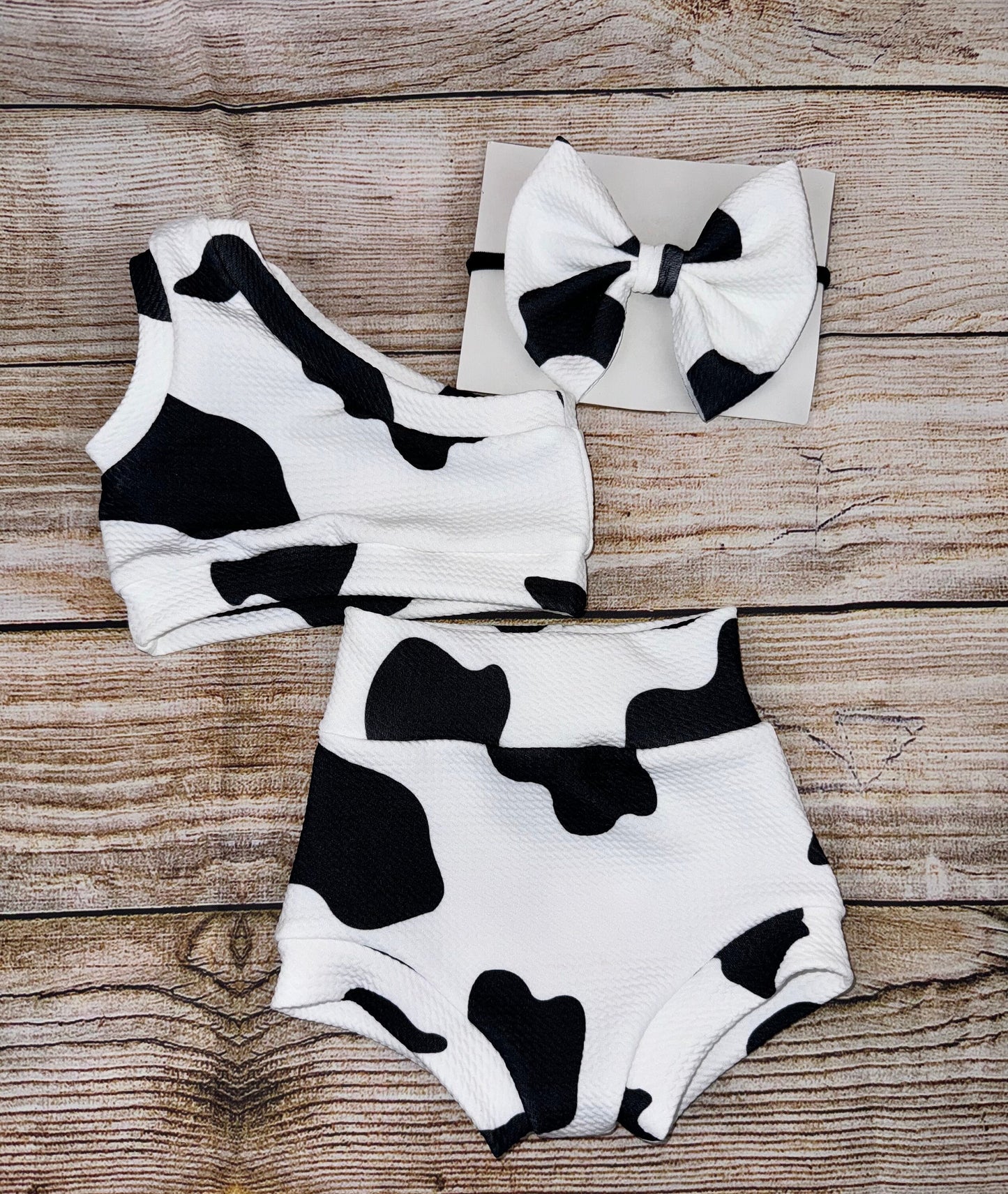 Cow Print Baby Girl Outfit/ One Shoulder Crop Top/ Bummie and Headwrap or Bow On Nylon