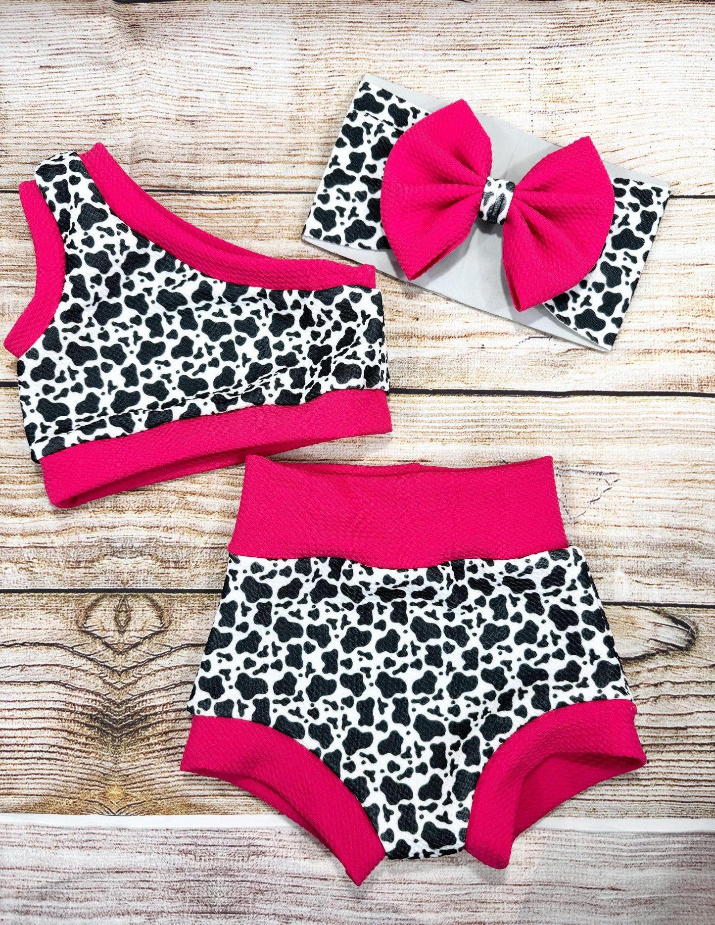 Pink Dalmatian/ Pink Puppy Baby Girl Outfit/ One Shoulder Crop Top/ Bummie and Headwrap or Bow On Nylon