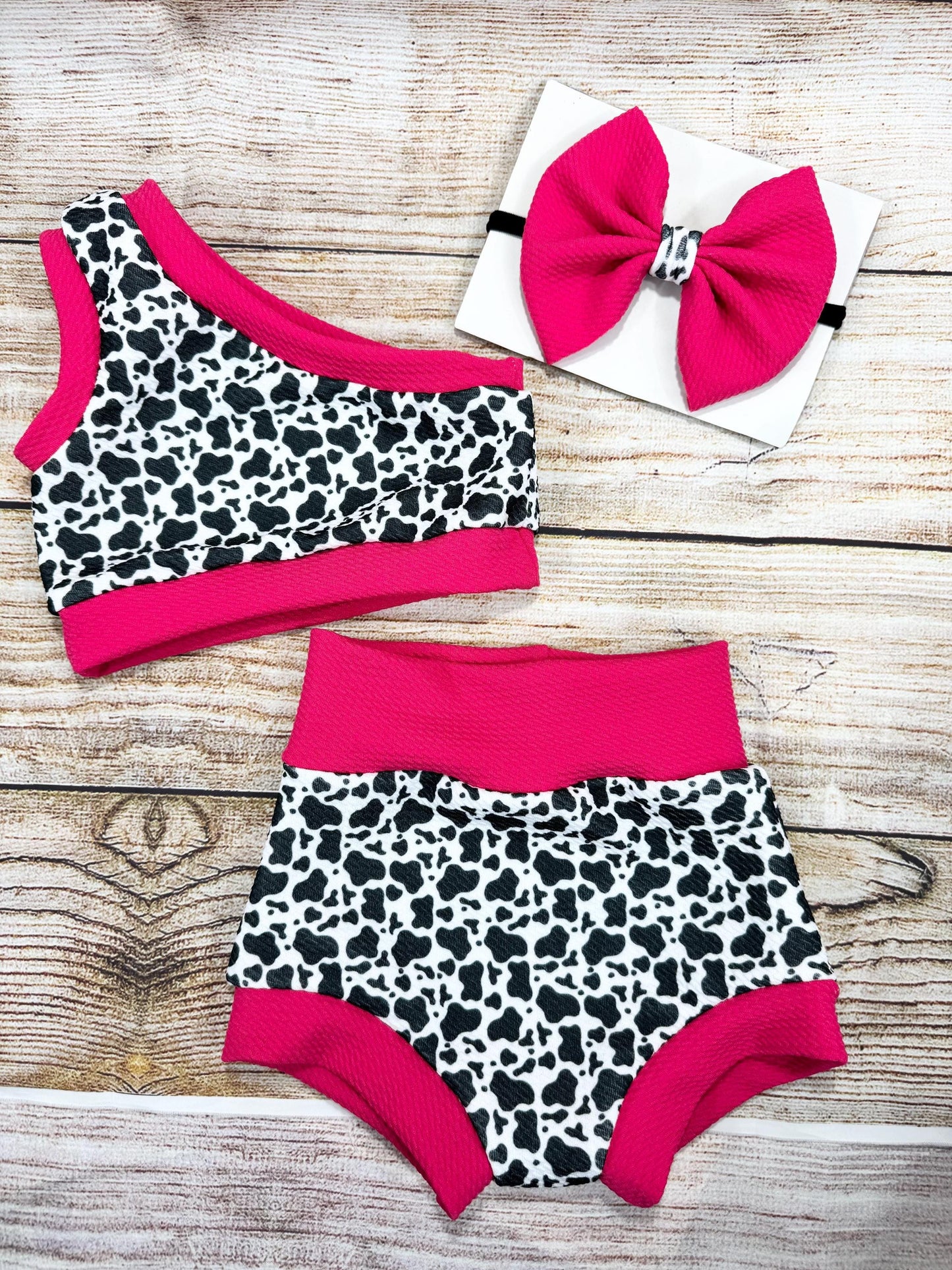 Pink Dalmatian/ Pink Puppy Baby Girl Outfit/ One Shoulder Crop Top/ Bummie and Headwrap or Bow On Nylon