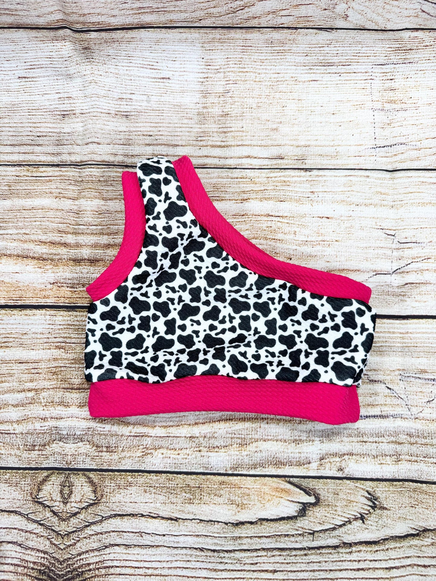 Pink Dalmatian/ Pink Puppy Baby Girl Outfit/ One Shoulder Crop Top/ Bummie and Headwrap or Bow On Nylon