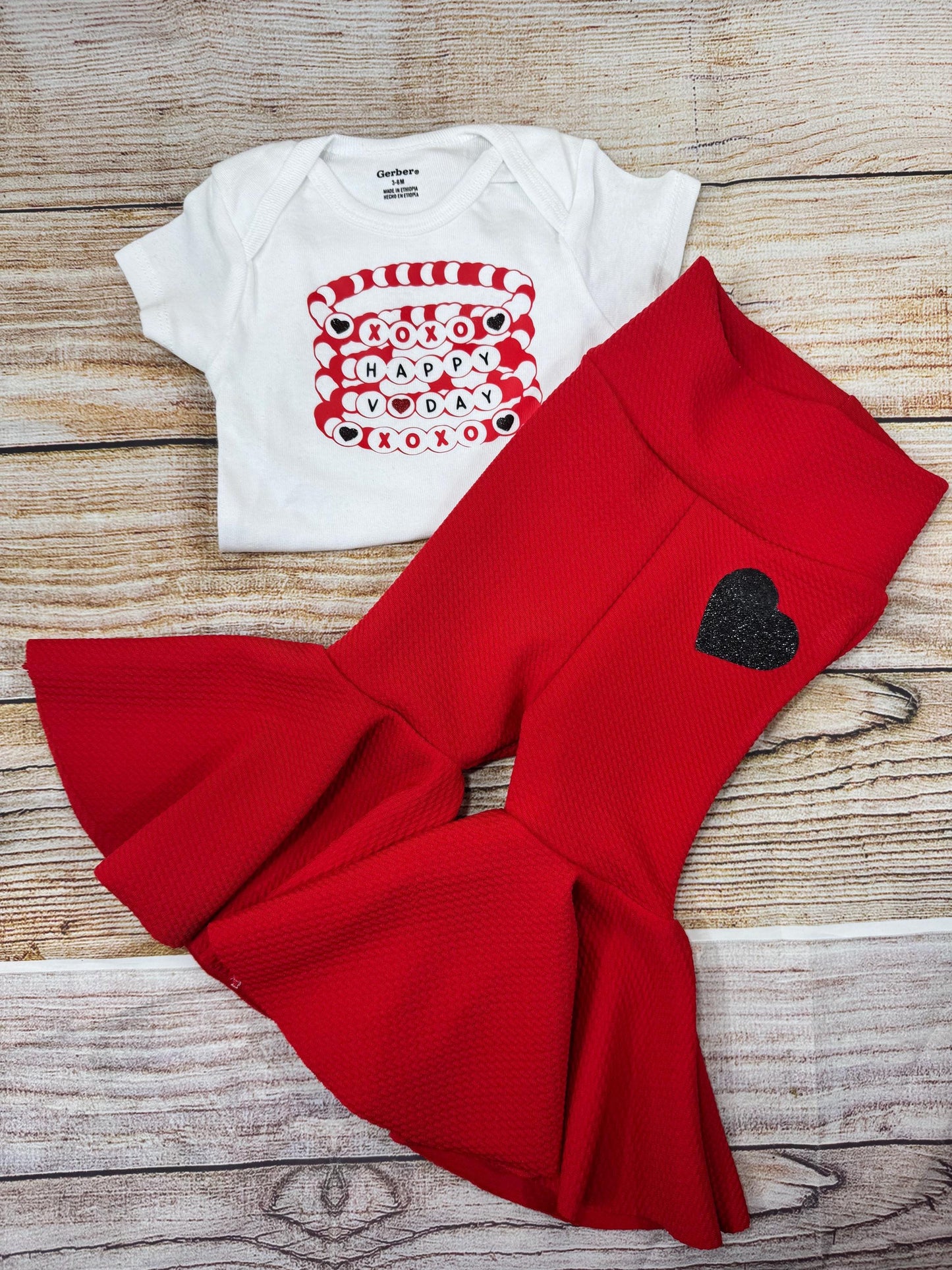 Happy Valentines Day/ Valentines Day Friendship Bracelet Bell Bottoms/ Baby Girl High Waisted Bell Bottoms/ Bodysuit and Headwrap Set