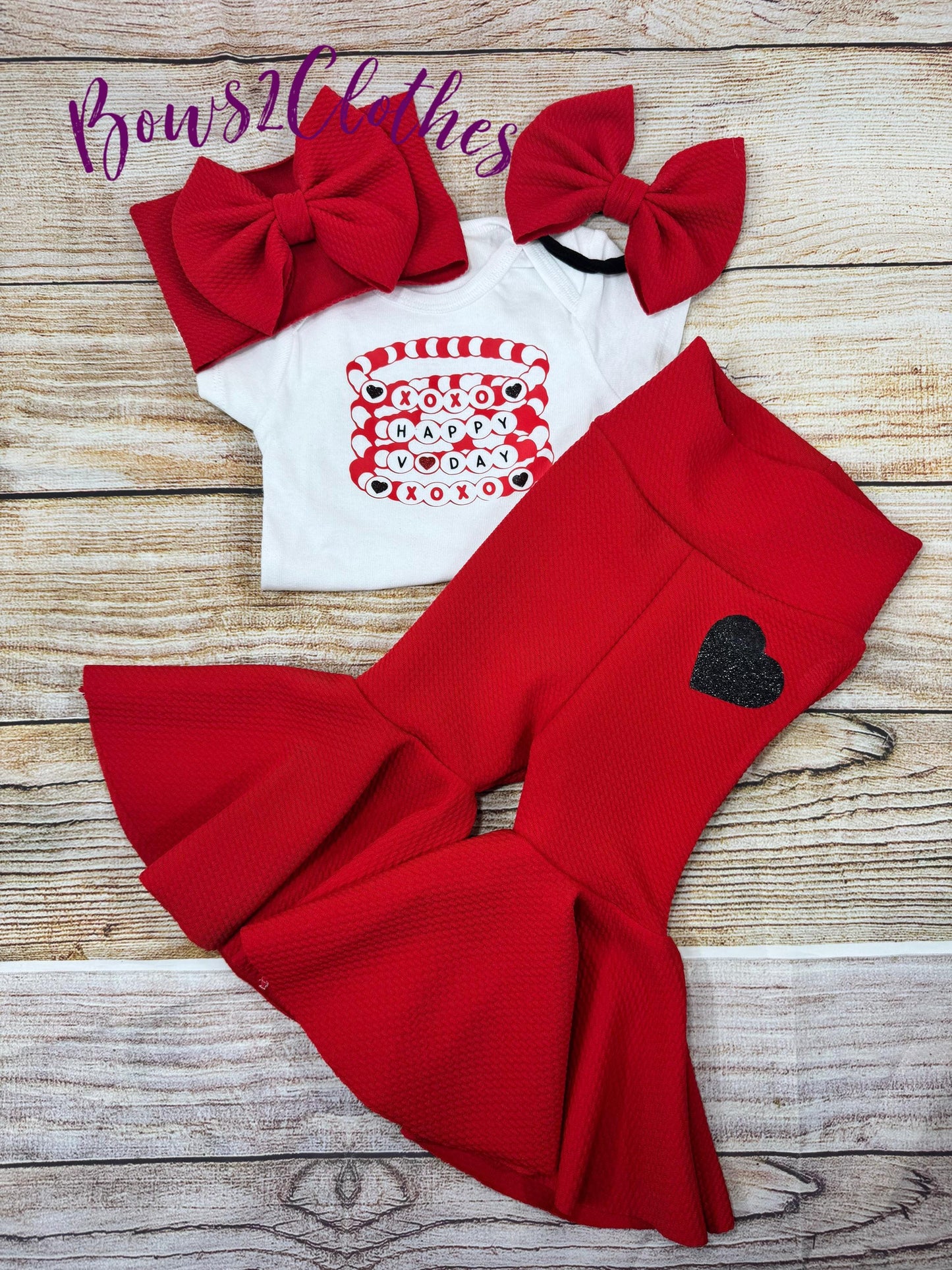Happy Valentines Day/ Valentines Day Friendship Bracelet Bell Bottoms/ Baby Girl High Waisted Bell Bottoms/ Bodysuit and Headwrap Set