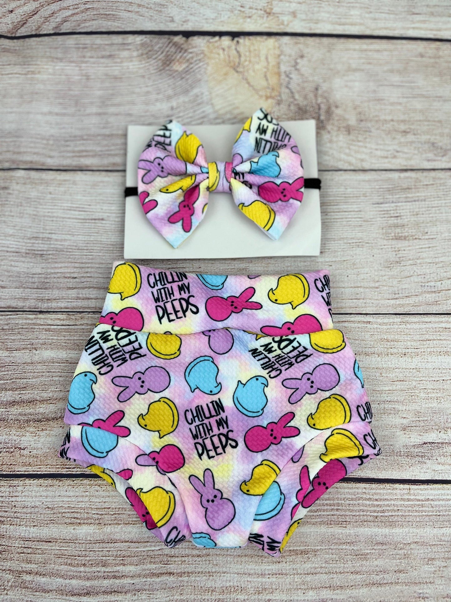 Chillin with my Peeps/ Eater Peeps/ Bummies Set/ Baby Girl High Waisted Bummies/ Bodysuit , Bummy and Headwrap Bow Set