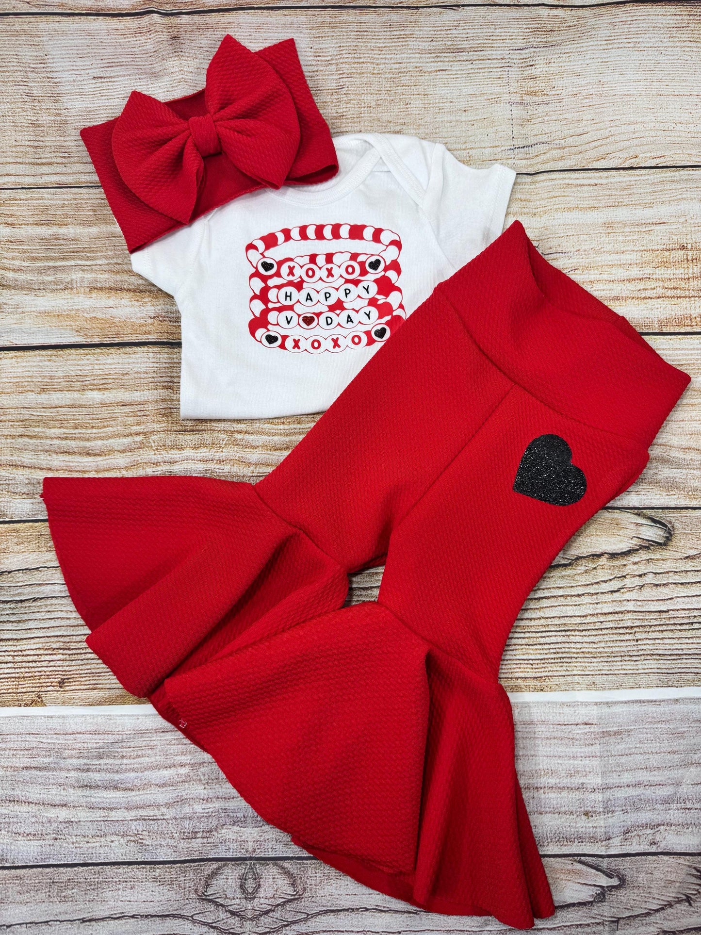 Happy Valentines Day/ Valentines Day Friendship Bracelet Bell Bottoms/ Baby Girl High Waisted Bell Bottoms/ Bodysuit and Headwrap Set