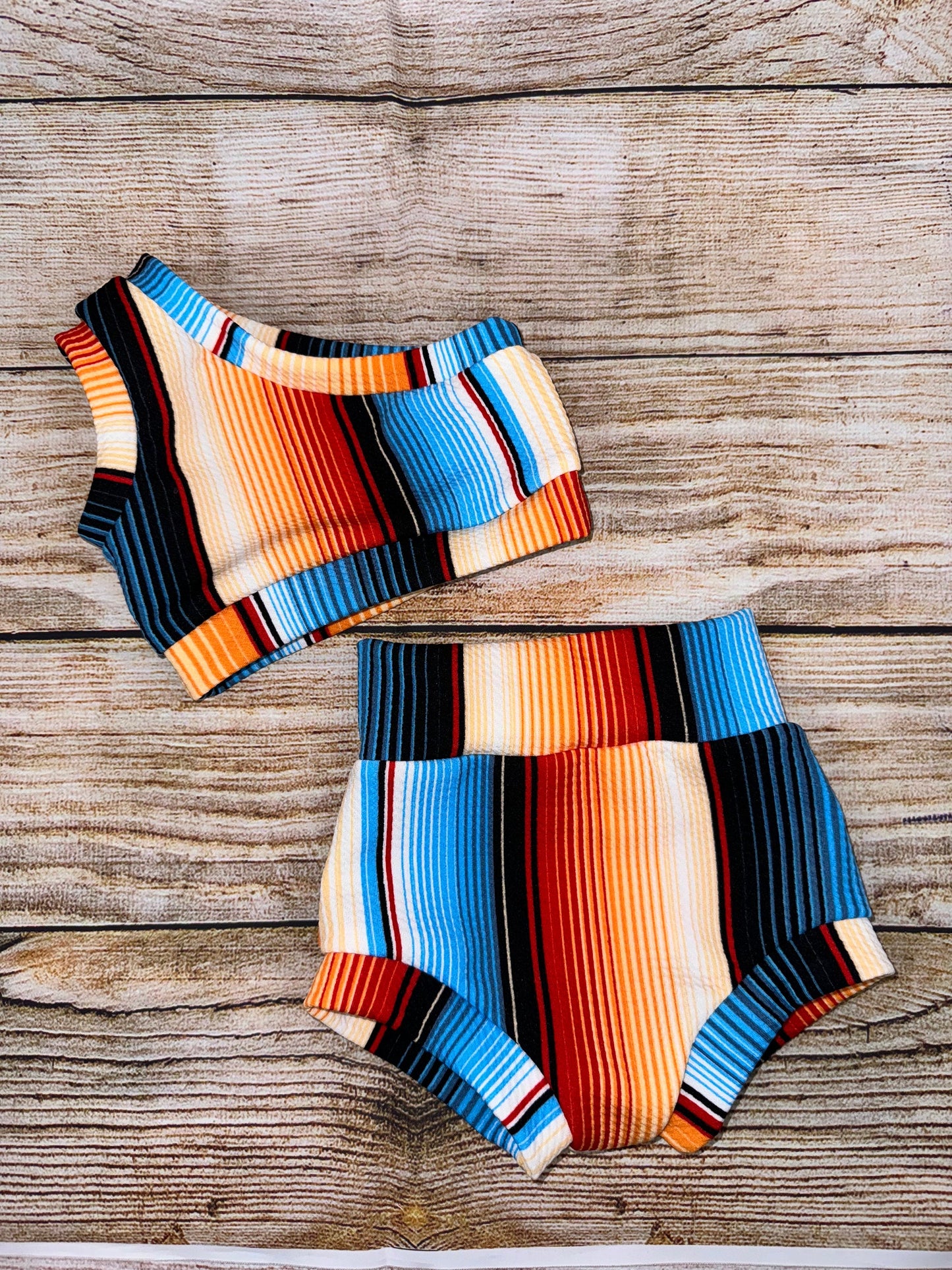 Serape Blue/ Orange Stripes Baby Girl Outfit/ One Shoulder Crop Top/ Bummie and Headwrap or Bow On Nylon