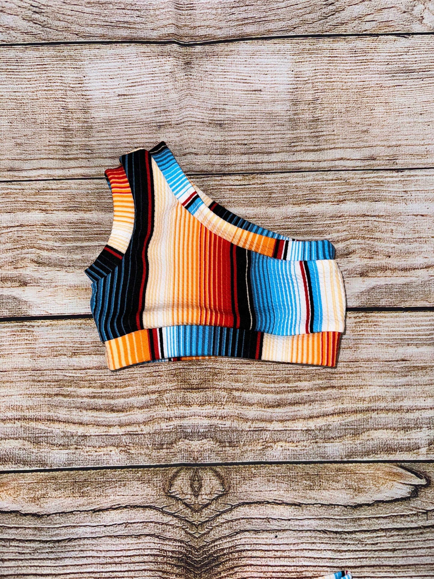 Serape Blue/ Orange Stripes Baby Girl Outfit/ One Shoulder Crop Top/ Bummie and Headwrap or Bow On Nylon
