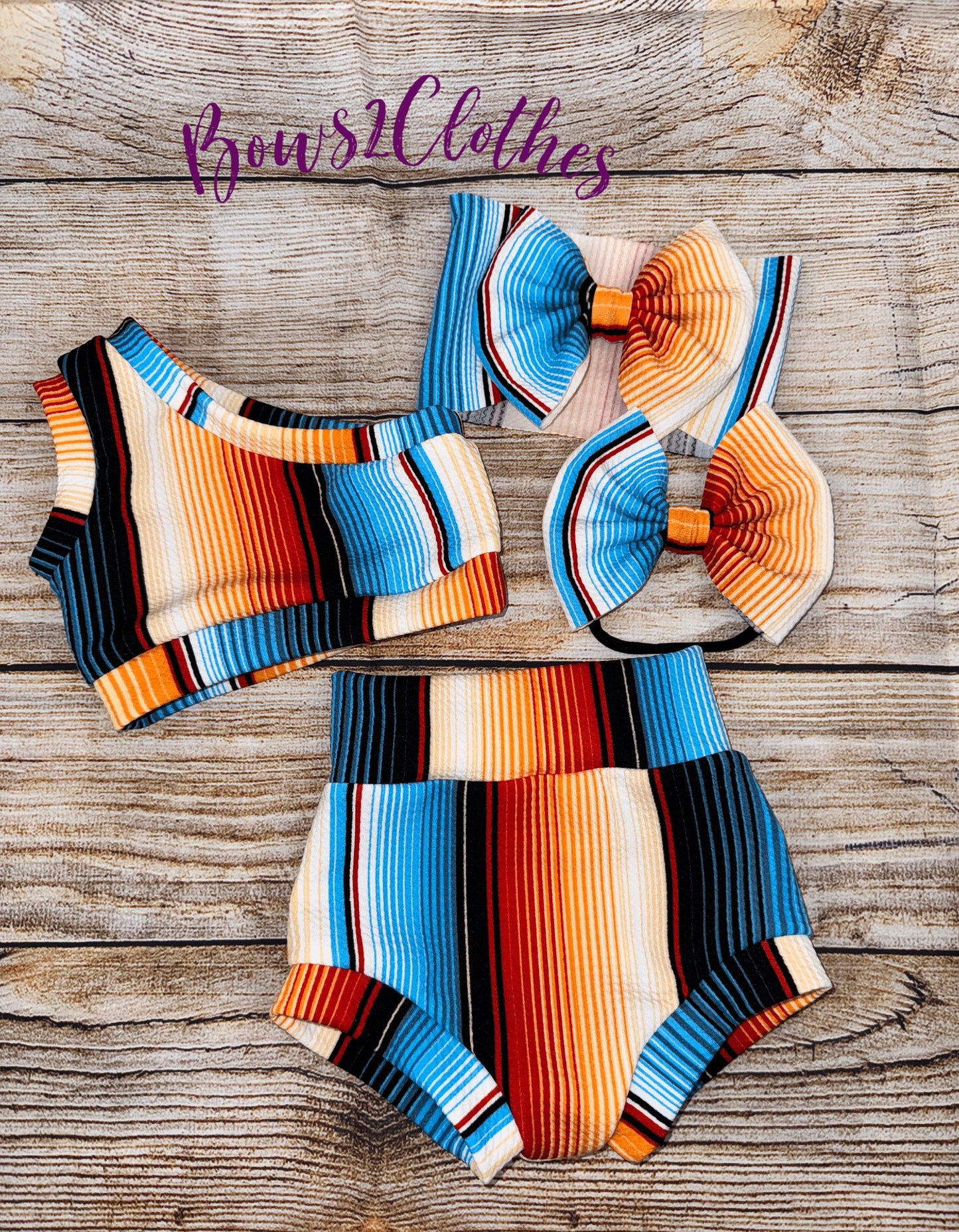 Serape Blue/ Orange Stripes Baby Girl Outfit/ One Shoulder Crop Top/ Bummie and Headwrap or Bow On Nylon