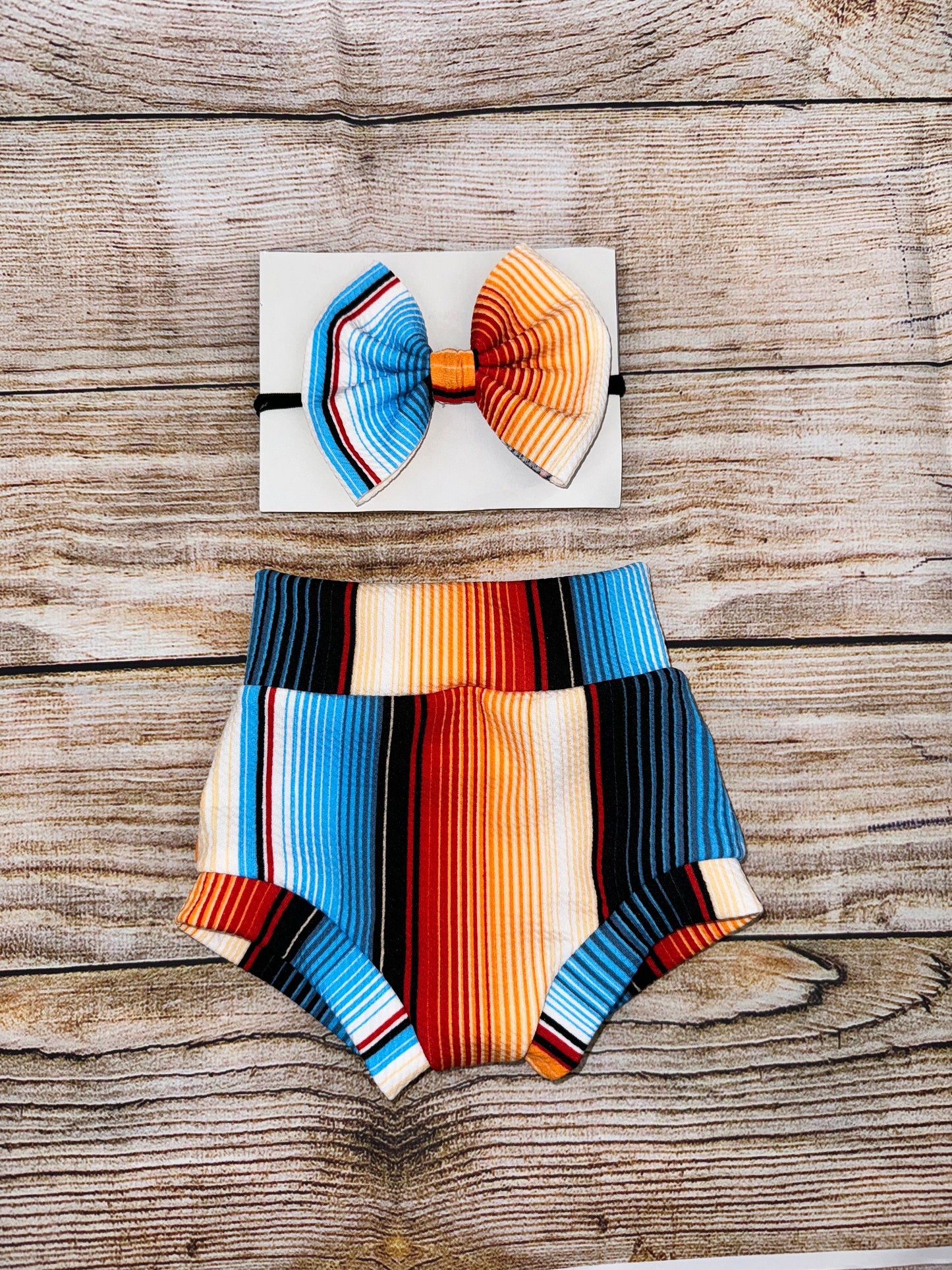 Serape Blue/ Orange Stripes Baby Girl Outfit/ One Shoulder Crop Top/ Bummie and Headwrap or Bow On Nylon